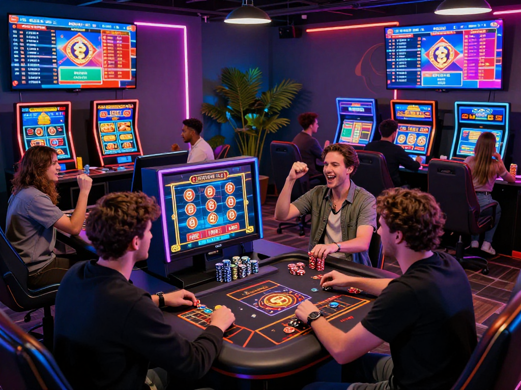Exciting crypto casino gaming scene showcasing digital terminals and diverse players in a vibrant lounge