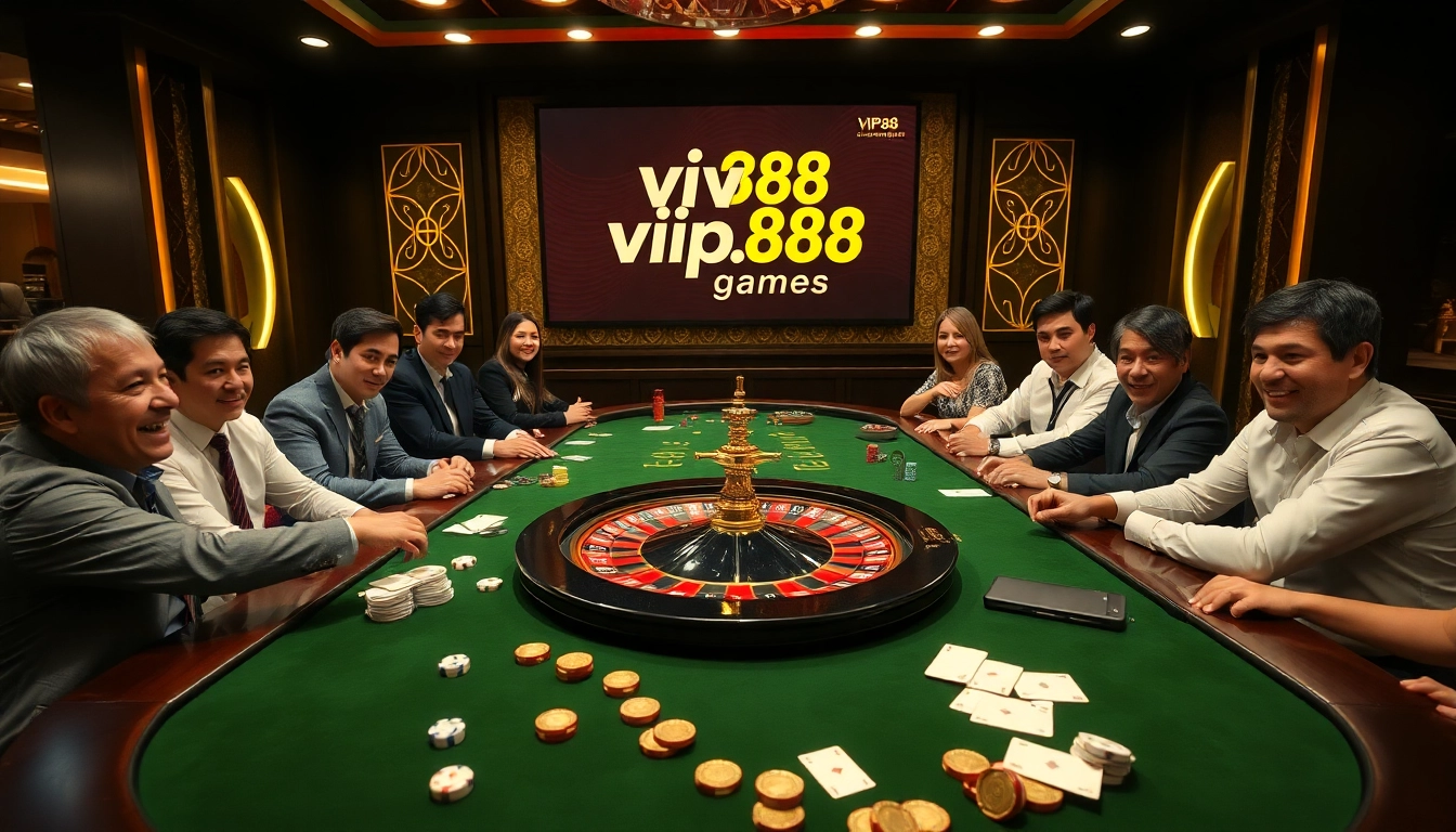 Players enjoying high-stakes poker at vip88.games casino, showcasing thrilling excitement and luxury.