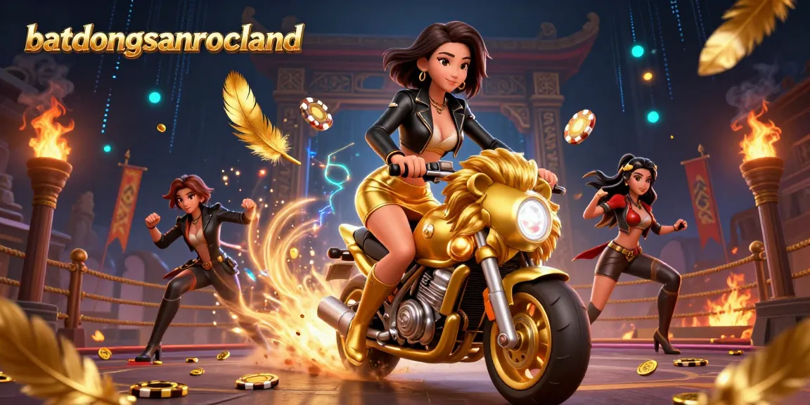 Experience thrill at batdongsanrocland with a glamorous woman riding a golden lion mascot amidst dazzling casino elements.