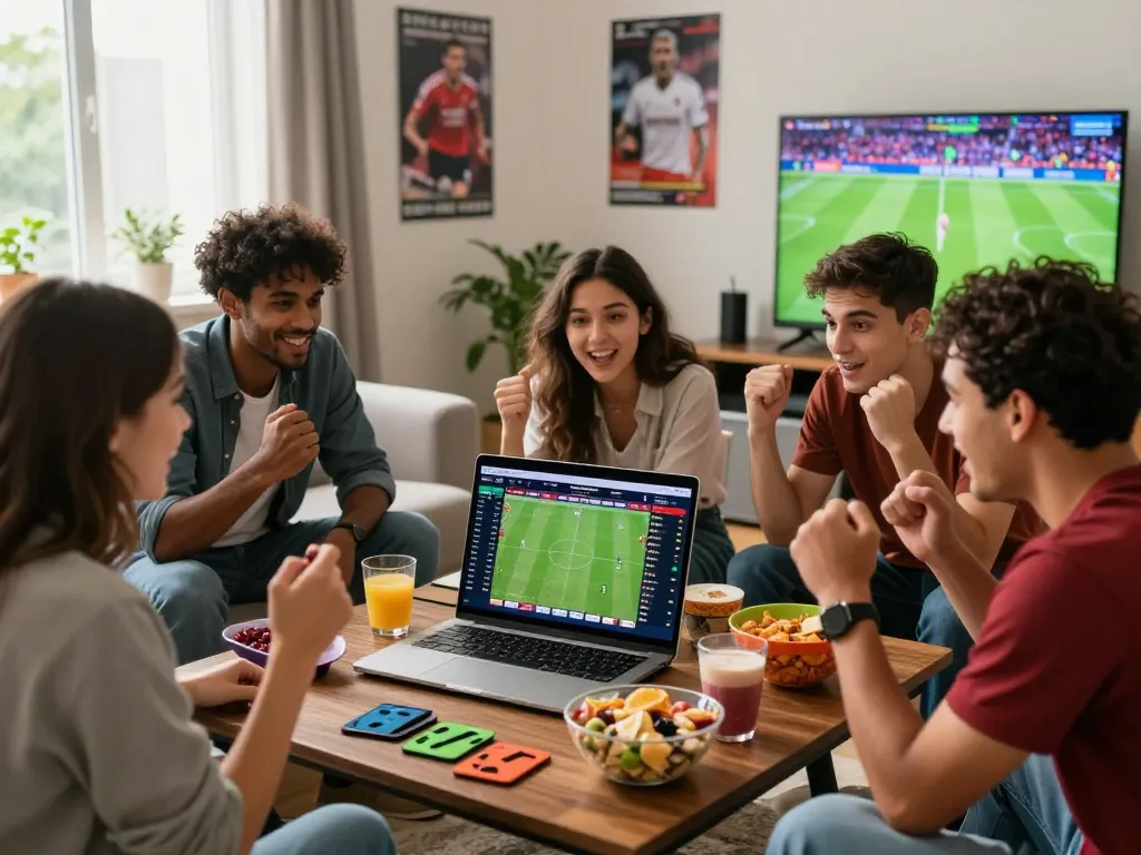 Friends analyzing tỷ lệ kèo 365 on a laptop during a football match, capturing excitement and camaraderie.