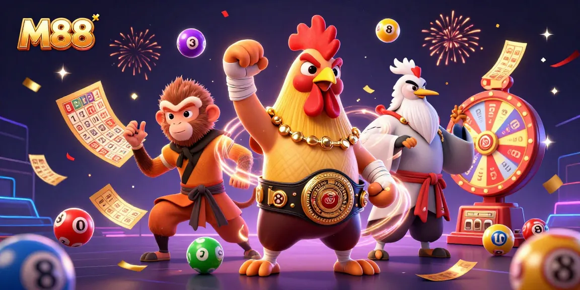 M88 players eagerly engage with vibrant games of chance and festive elements in a dynamic casino setting.