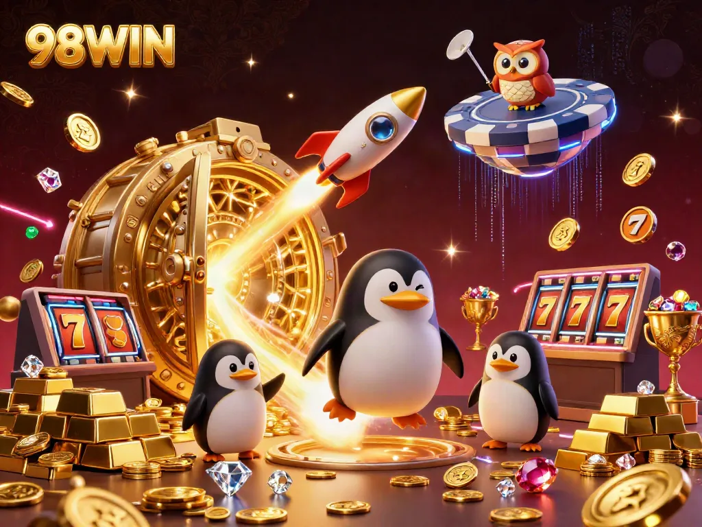 Experience the thrill of 98WIN with a golden penguin soaring towards a casino in space.