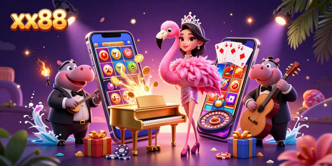 Play exciting winning games at xx88 with a vibrant 3D casino scene featuring a flamingo singer and hippo bassist.