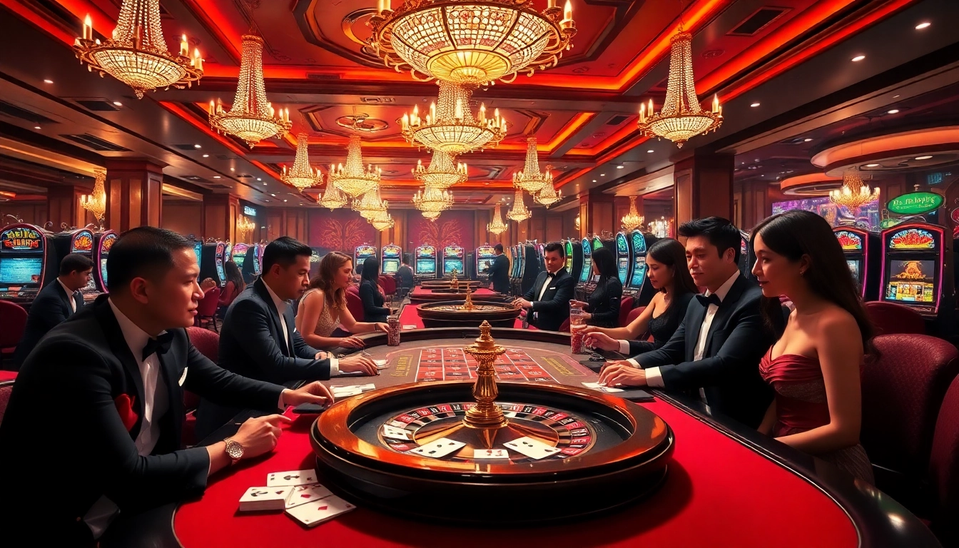 Capture gameplay action at https://fabet3.com/ with players engaged in an exciting casino atmosphere featuring poker tables and roulette wheels.