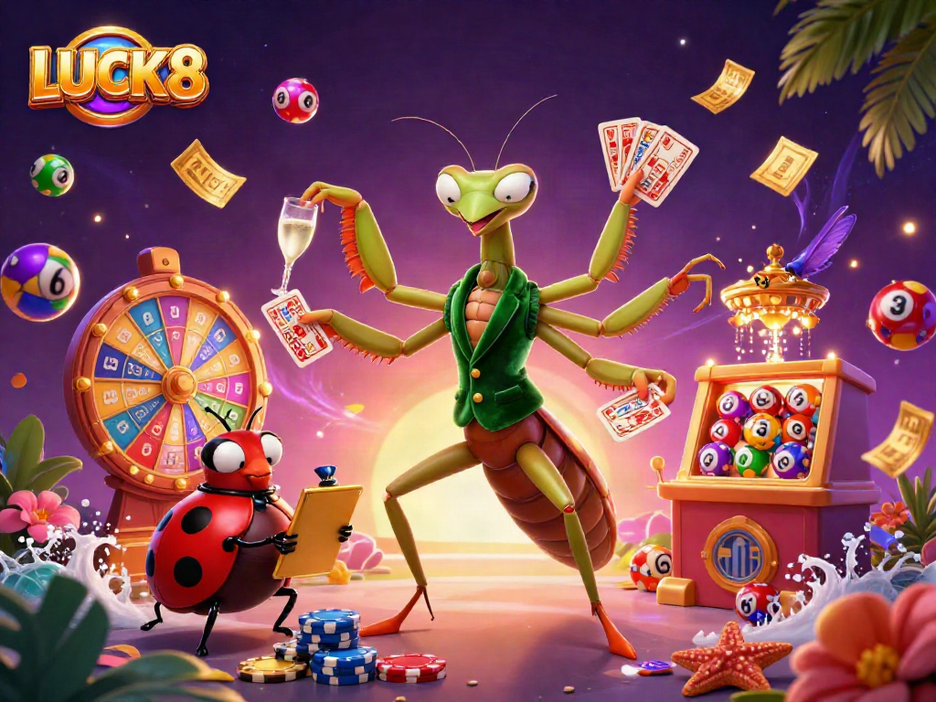 LUCK8 tham gia vào các trò chơi casino sôi động với mantis, bọ rùa và đèn chùm vàng.