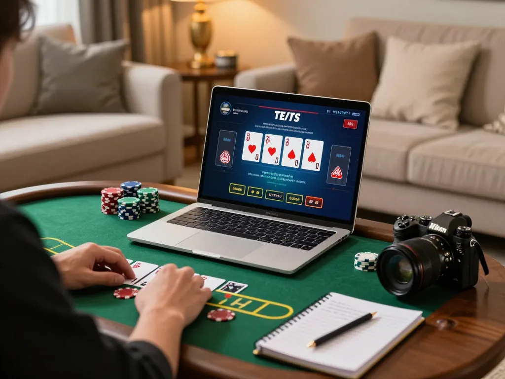 Playing blackjack on trang chủ luckywin at home with a cozy gaming setup and strategy notes.