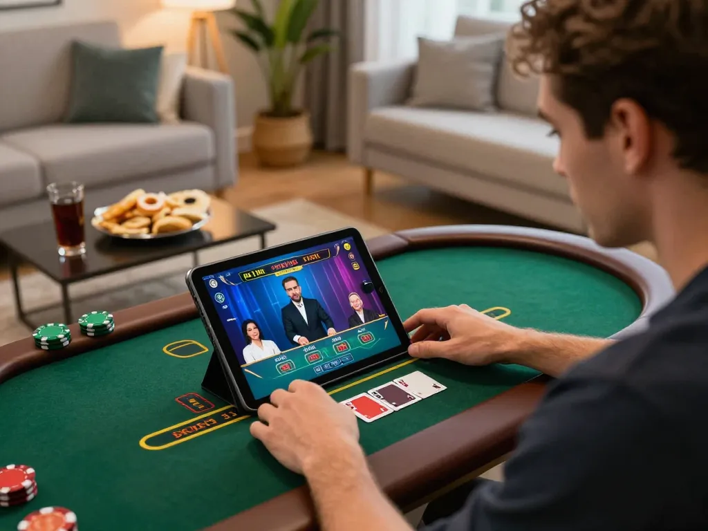 Player engaging with live dealer blackjack on a tablet, showcasing hitclub online gaming excitement.
