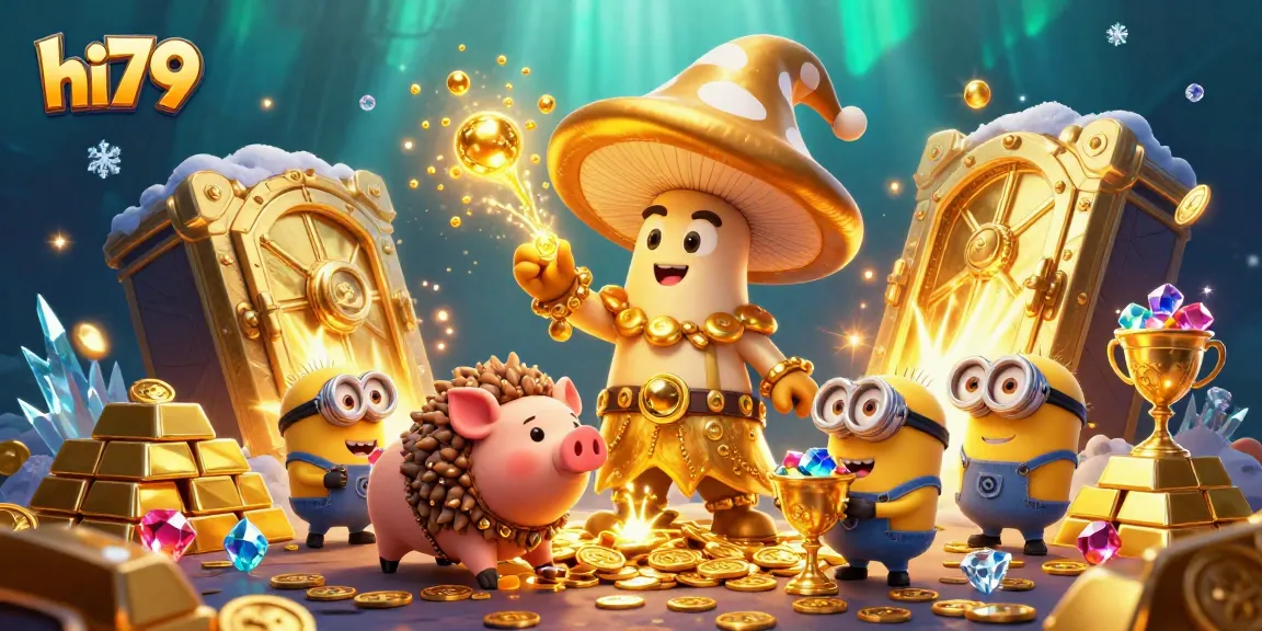 Spin to win with hi79's golden wizard and treasure in an enchanting casino scene.