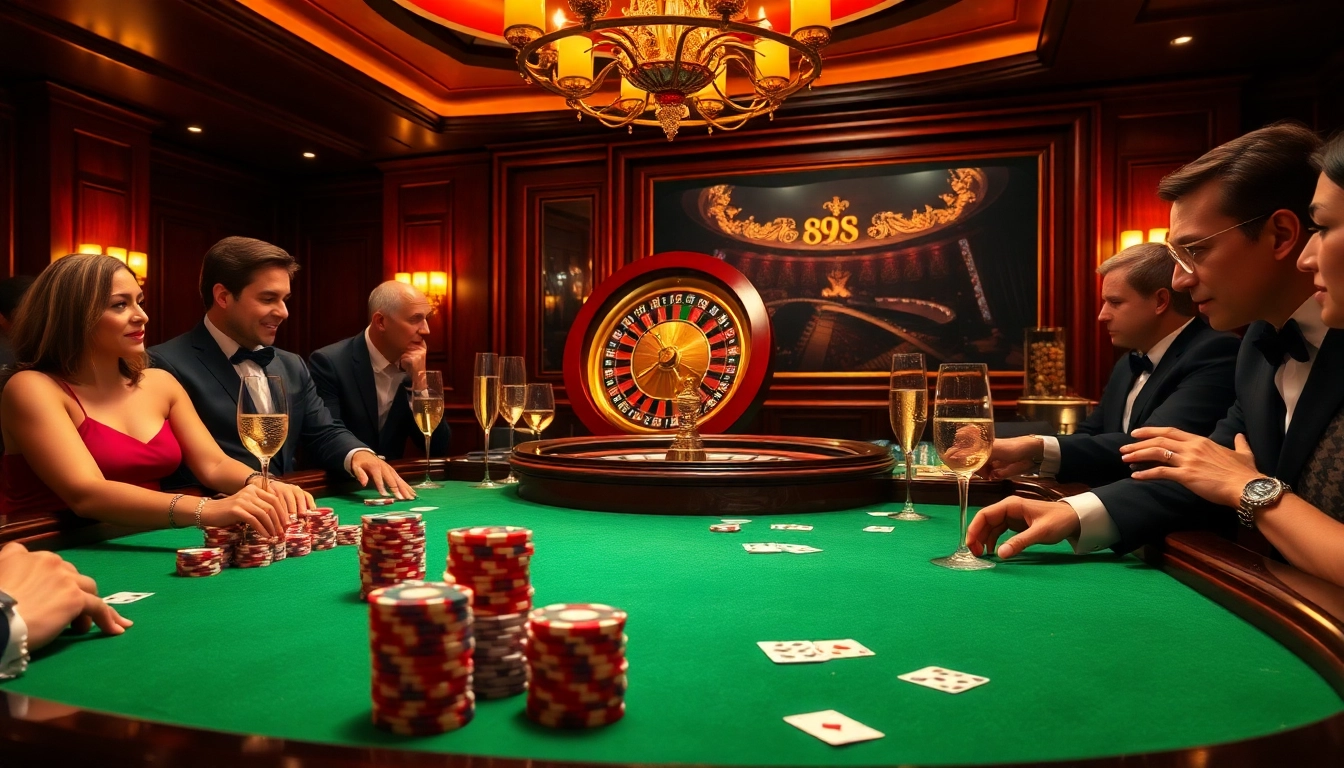 Engaging players enjoy a thrilling game at Jun88 casino with vibrant poker chips and a roulette wheel.