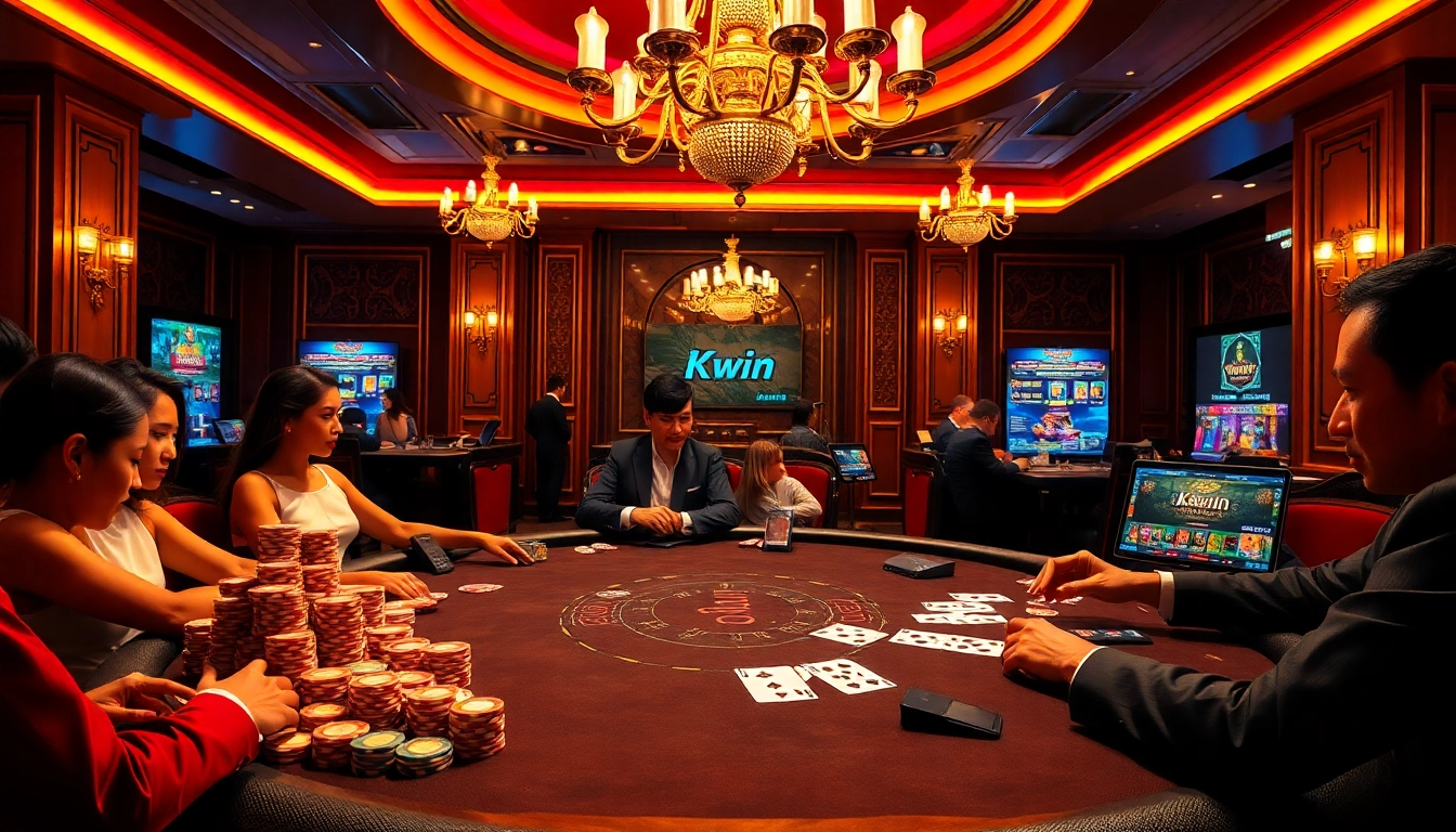 Engage in high-stakes poker at Kkwin's luxurious casino scene with elegant players and vibrant chips.