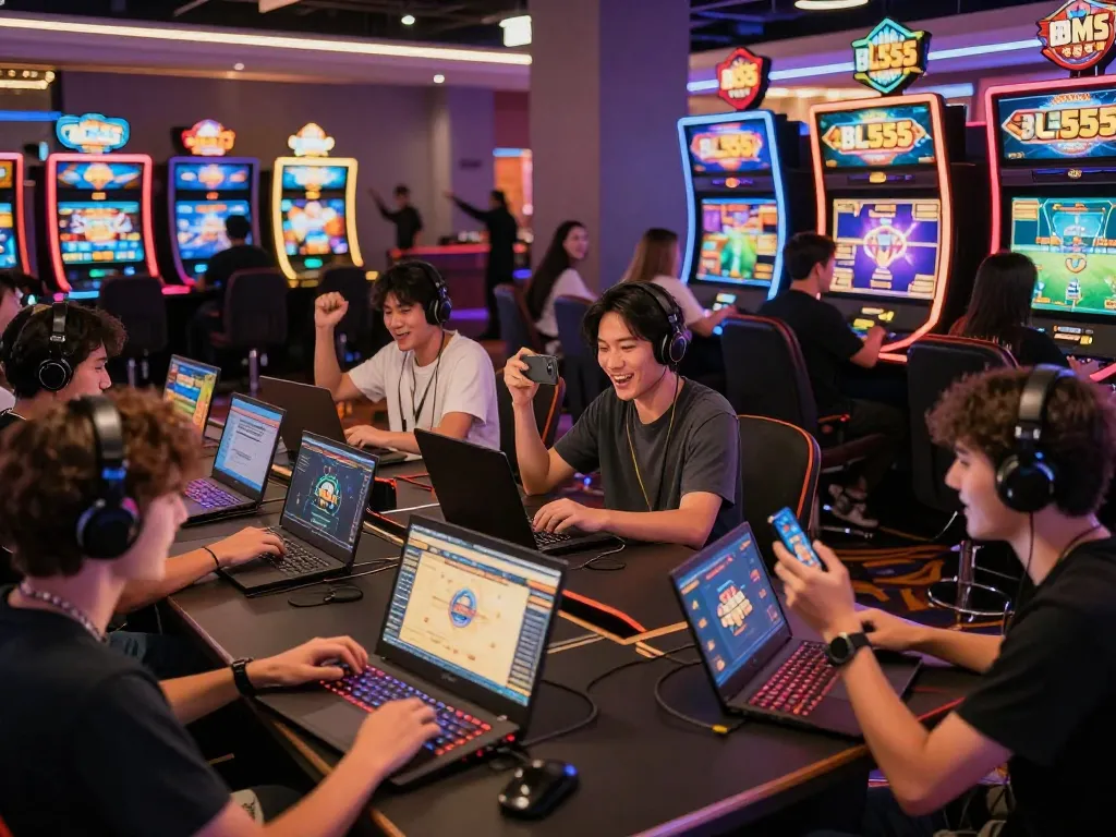 Players enjoying the exciting online gaming experience at BL555 with modern devices and vibrant casino atmosphere.