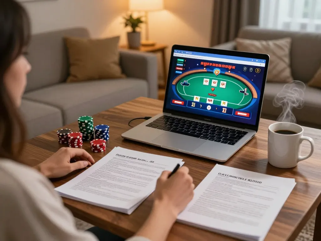 Player utilizing online casino platform at home, showcasing nhacaiuytinn experience with engaging poker game.