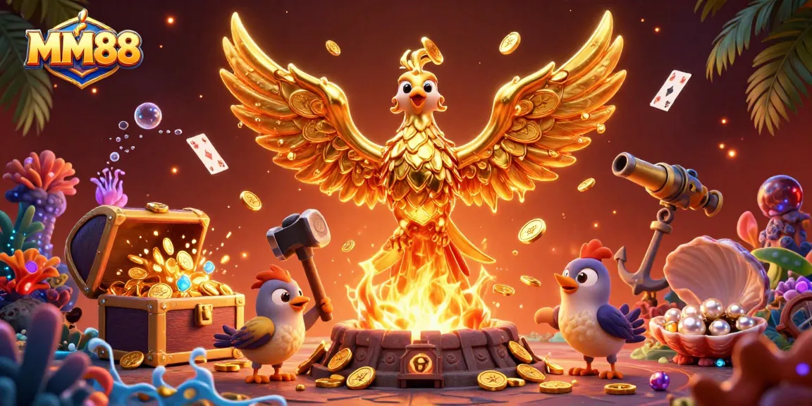 Experience the thrill of MM88 with a golden phoenix and treasures in this dynamic casino illustration.