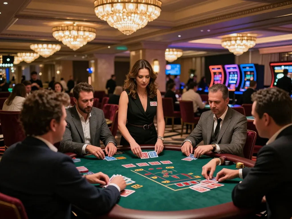 Players engaging in blackjack at a vibrant casino table, highlighting strategic moves at 789win1.