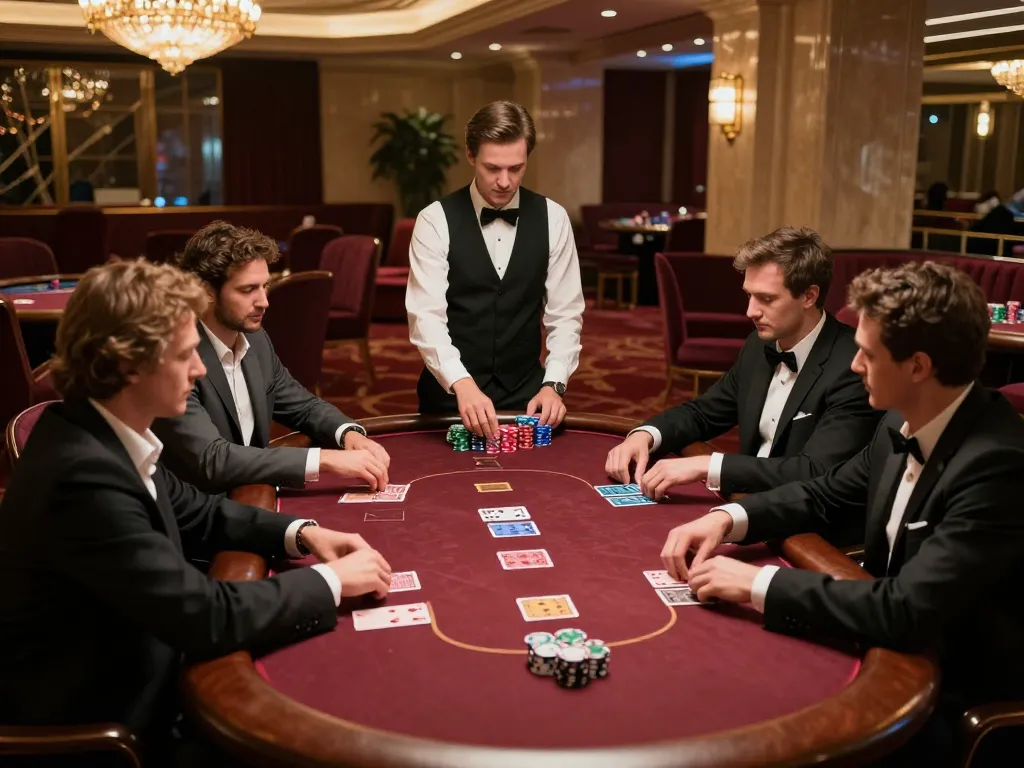 Players strategizing at a luxurious poker table in the RR88 casino atmosphere