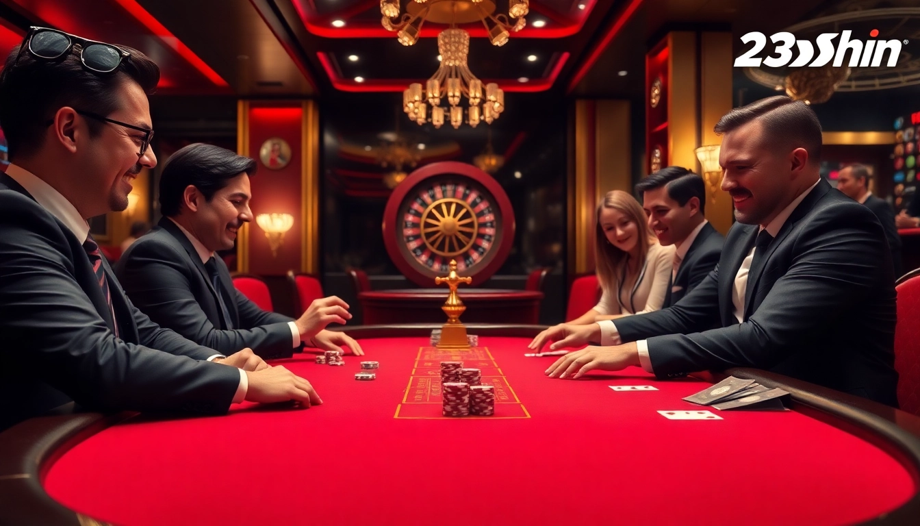 Players enjoying a high-stakes game at 23win's vibrant casino table.