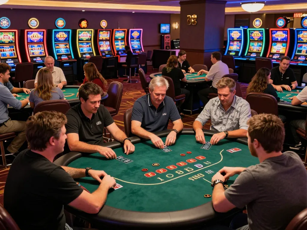 Players strategizing at poker tables in O8 SOCIAL, vibrant casino floor atmosphere with exciting gameplay.