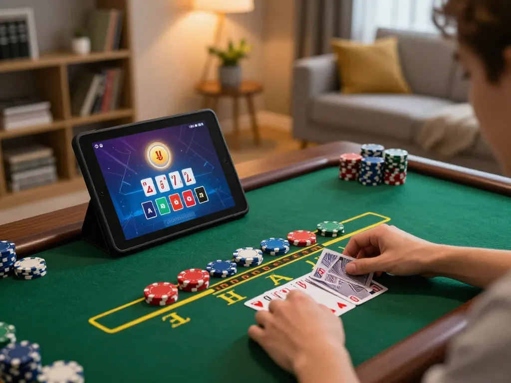 Engaged player enjoying online blackjack at https://gg88.cn.com/ in cozy home setting, showcasing dynamic gaming elements.
