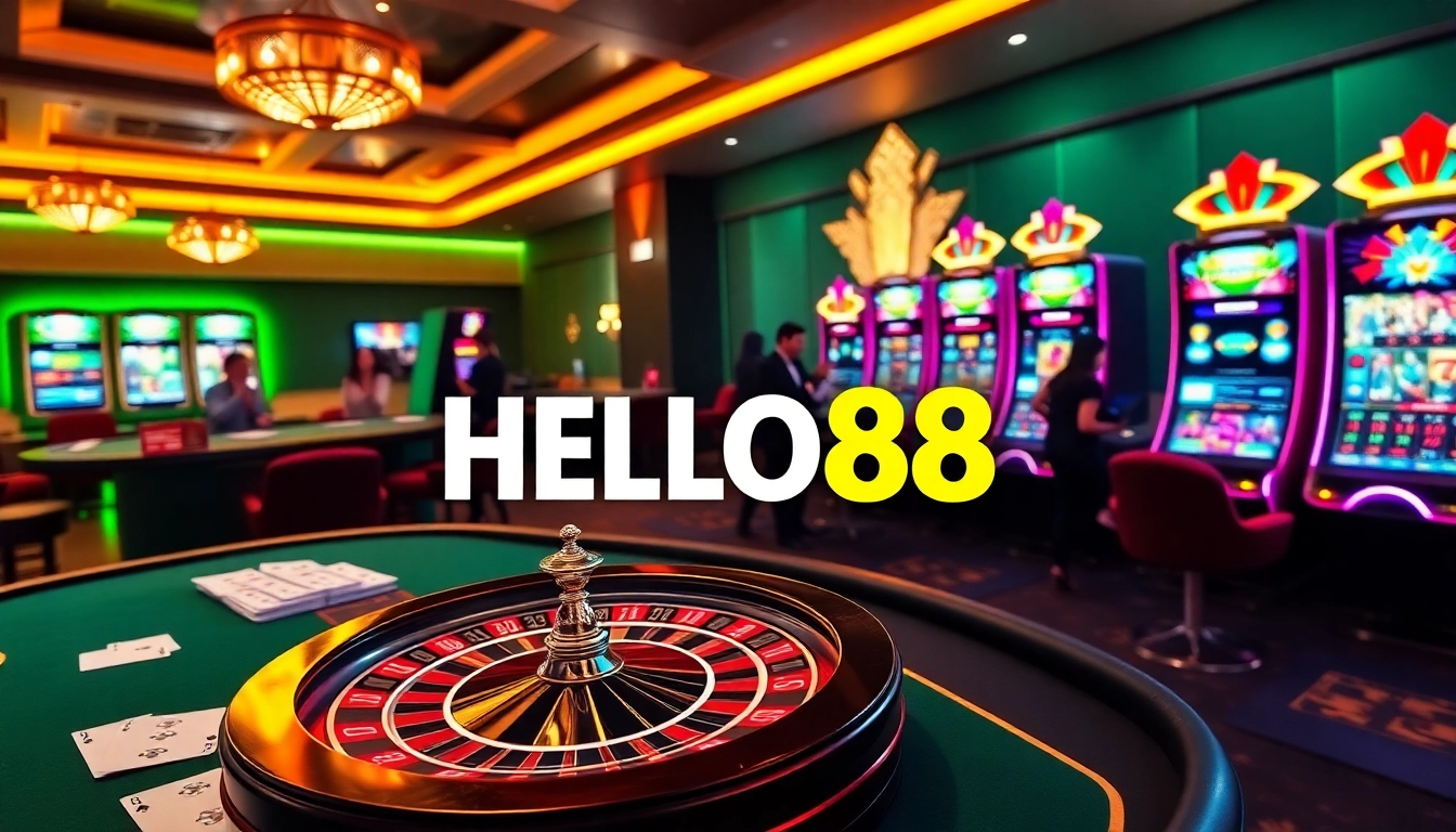 Experience the thrill of HELLO88 with vibrant casino games including roulette, slots, and card tables.