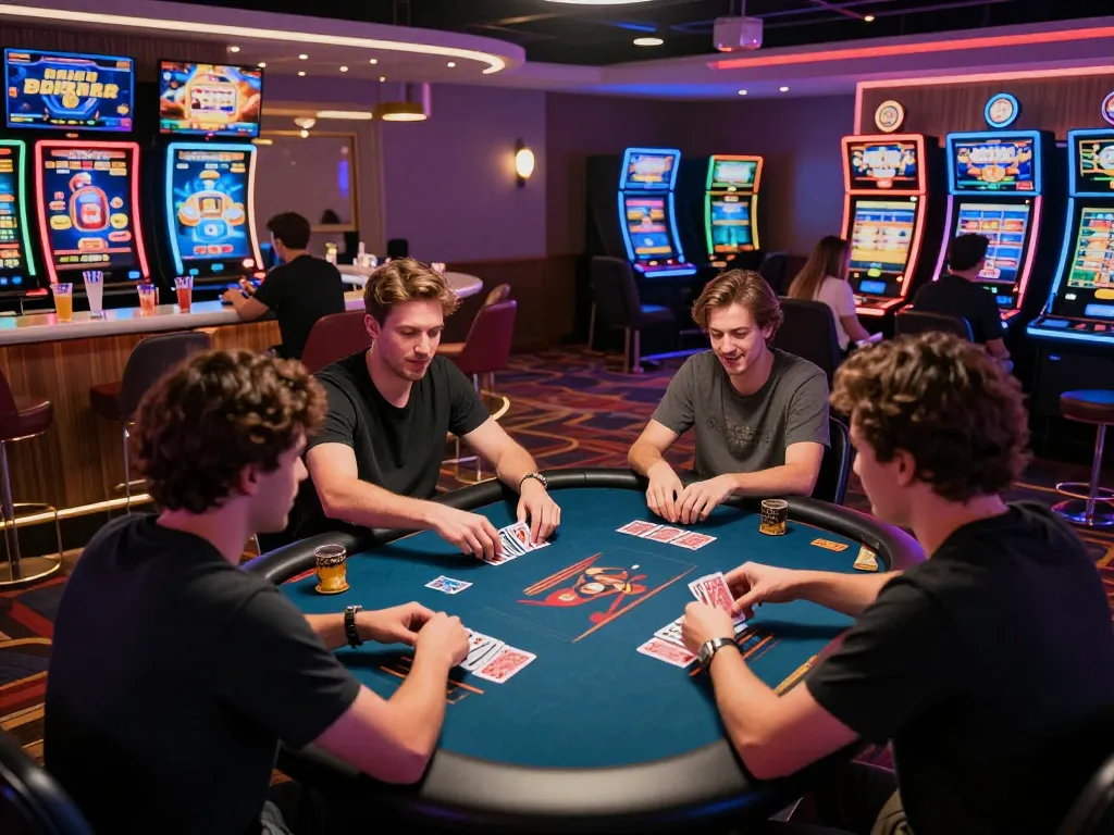 Engaging atmosphere of 789Win online casino with players enjoying card games and vibrant neon lights.
