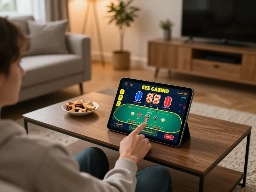 Engaging gameplay on EE88 casino app in a home setting, showcasing online betting excitement