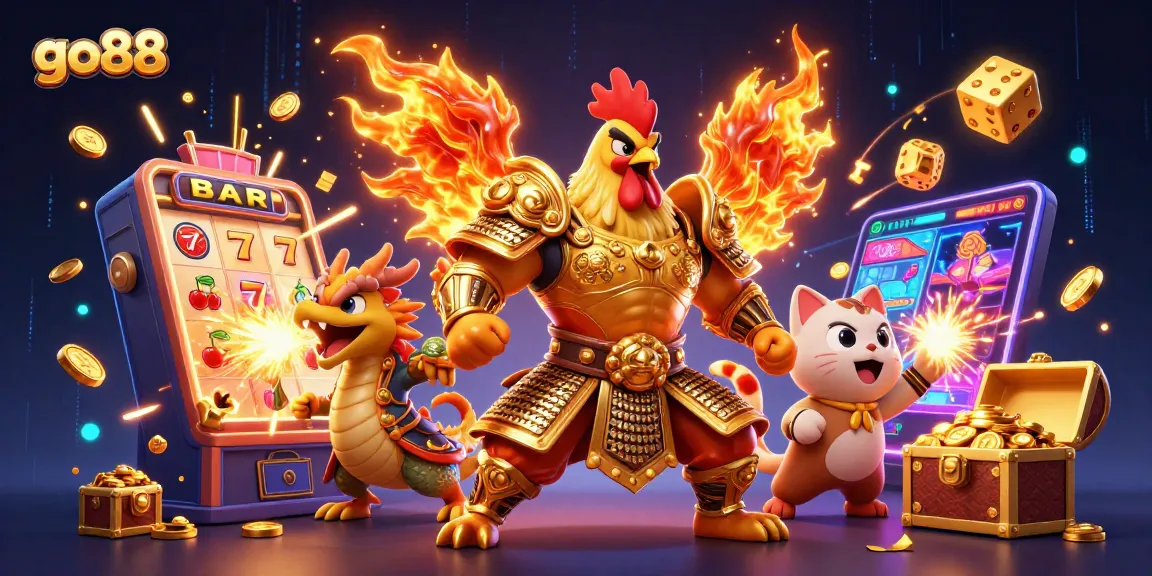 Engage with go88's gaming thrill featuring a rooster warrior, dragon hatchling, and vibrant slot elements.