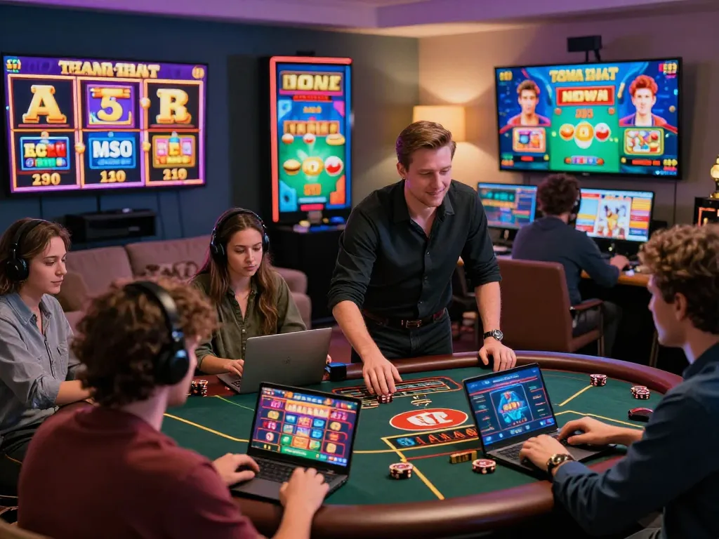 Engaging scene of online gamers at https://73h.br.com/ enjoying live casino games with vibrant graphics and interactive dealers.