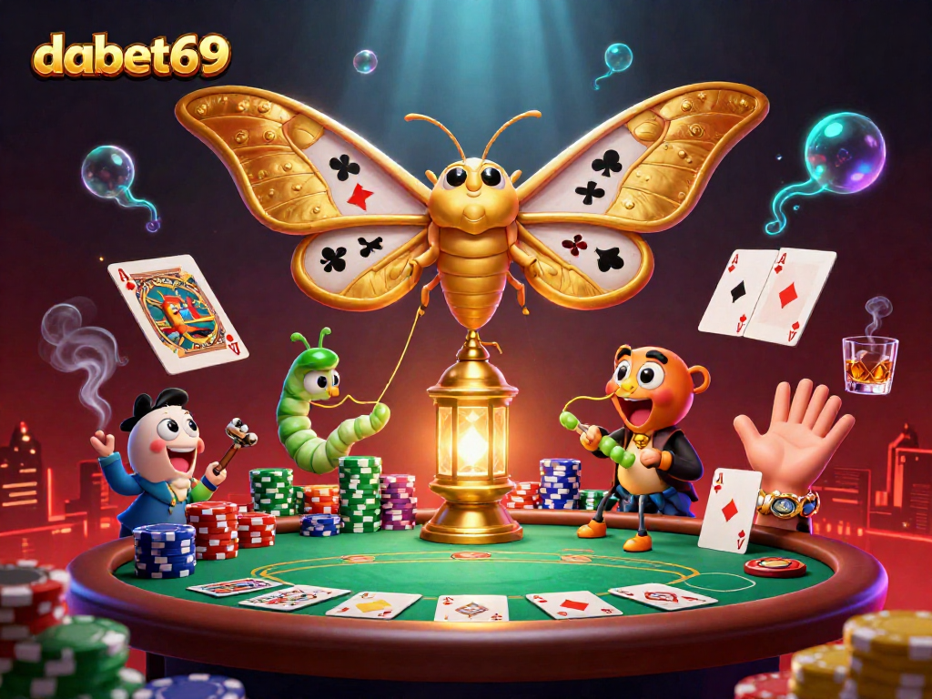 Join the excitement of dabet69 at a vibrant casino scene with poker elements and golden moths.