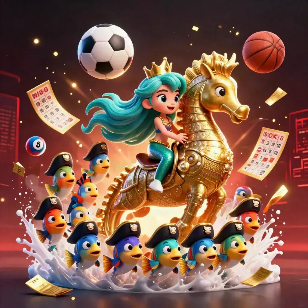 Mermaid princess on a golden seahorse amid casino balls, prize wheel, fish, and sports gear