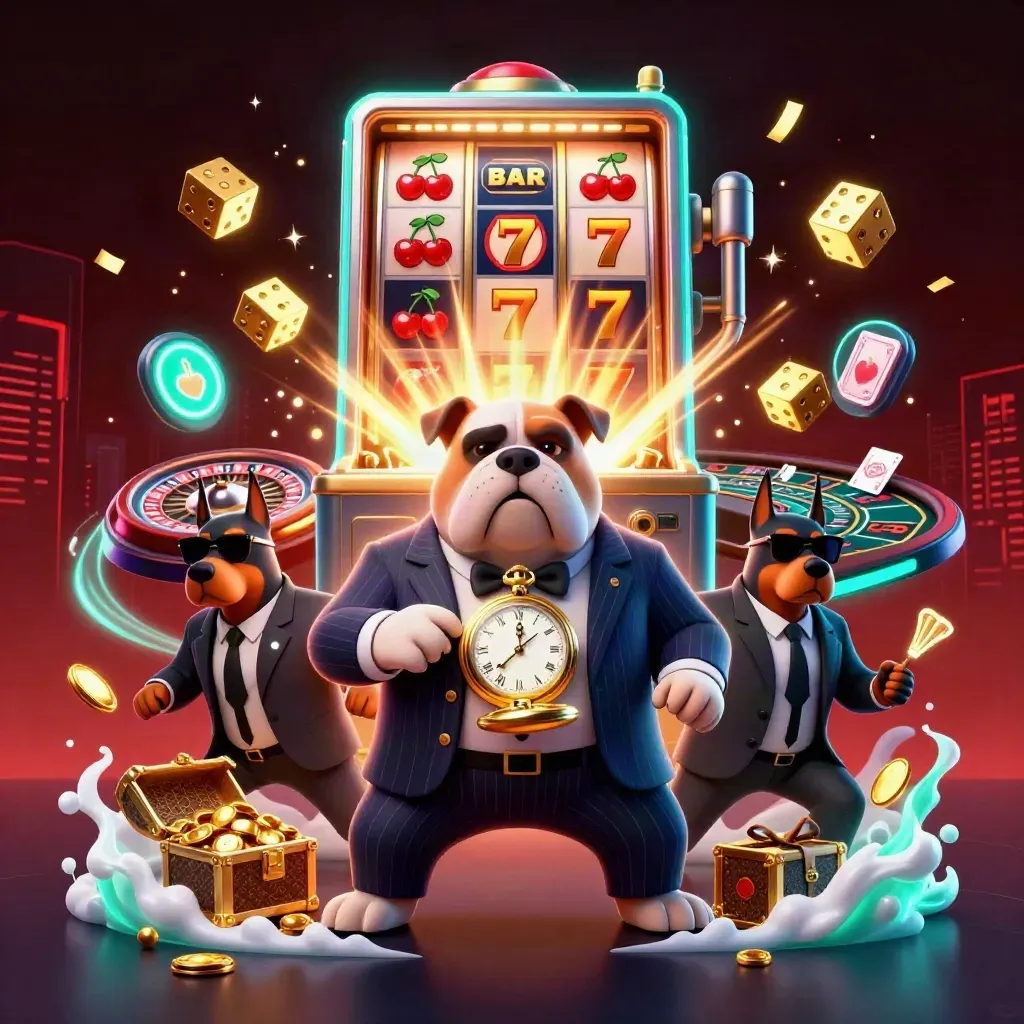Cartoon bulldog boss and Dobermans amid casino magic, slots, roulette, gold, and teal neon