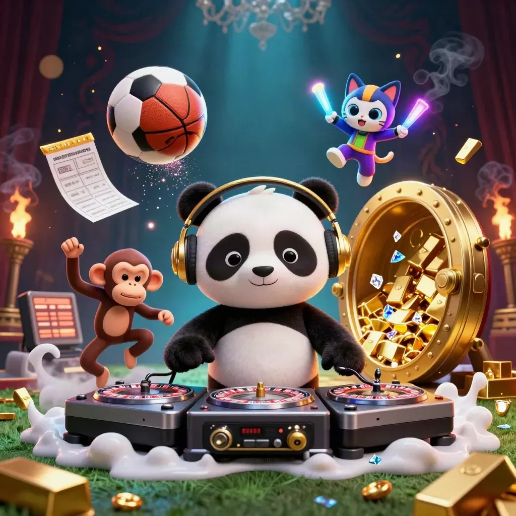 Panda DJ, breakdancing monkey and glow-kitten amid casino gold, sports balls and treasure burst