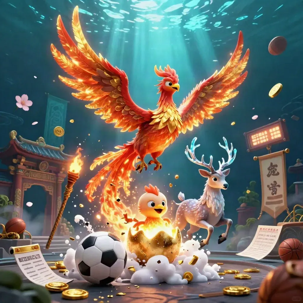 Phoenixes and a crystal-antlered stag surge around a soccer ball in a teal-gold casino fantasy.
