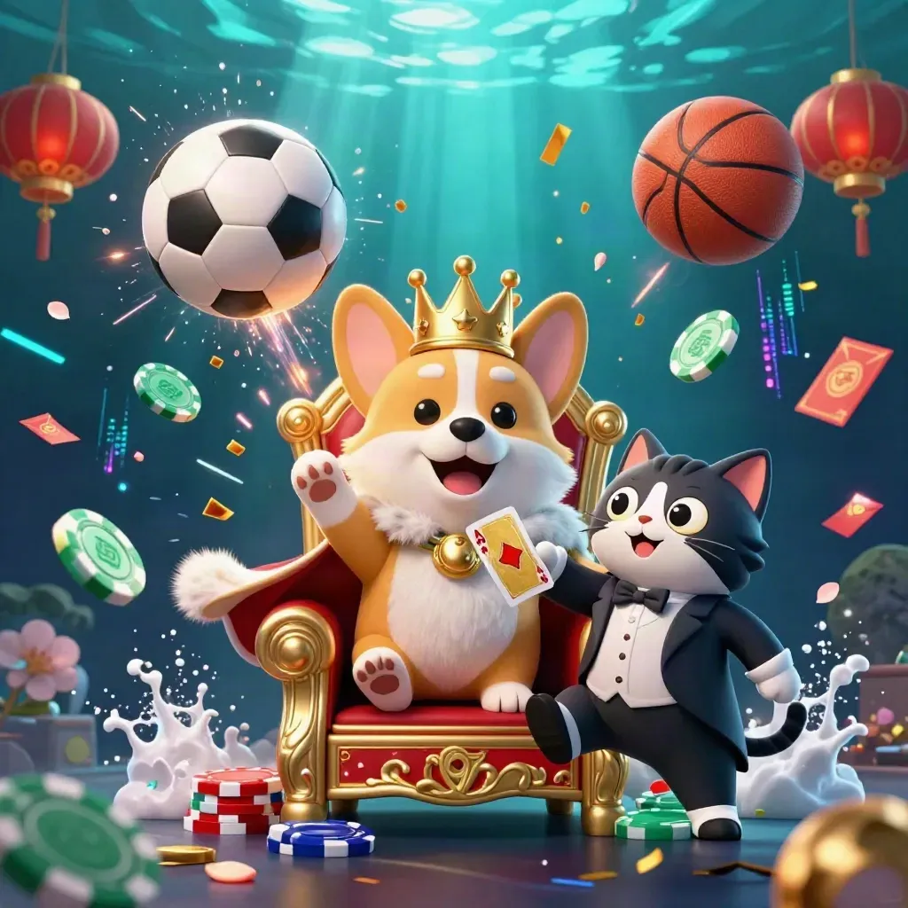 Royal corgi and cat butler amid flying sports balls, chips, lanterns and teal-gold neon glow