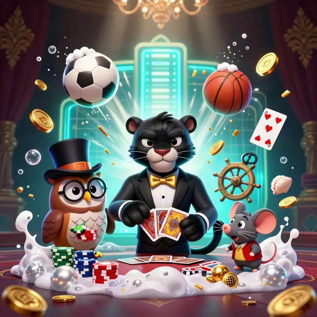 Panther, owl and mouse casino mascots amid flying ball, chips, coins and nautical glow.