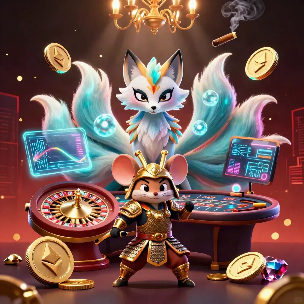 Nine-tailed fox spirit and golden-armoured mouse amid casino treasure, neon crypto effects, roulette glow