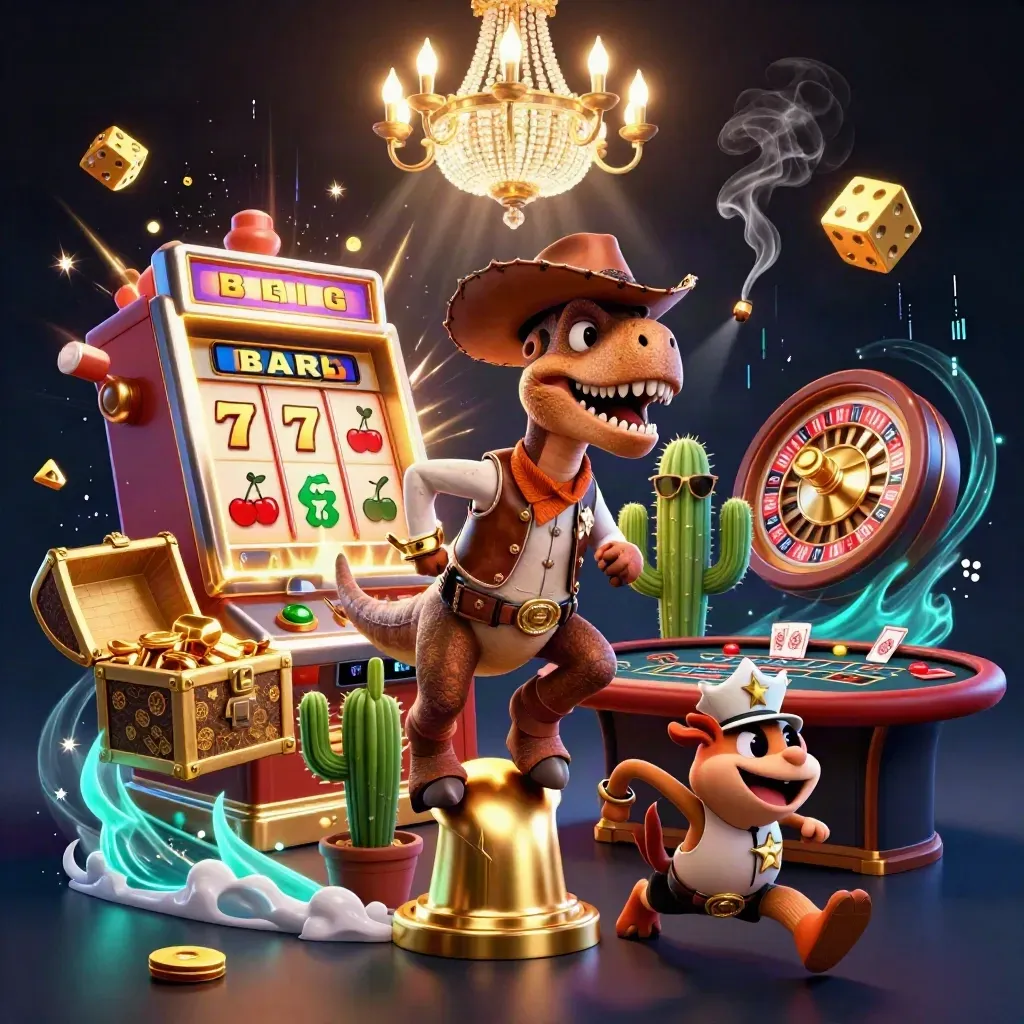 Cowboy T-Rex, cactus, and roadrunner amid casino riches, slot burst, roulette glow.