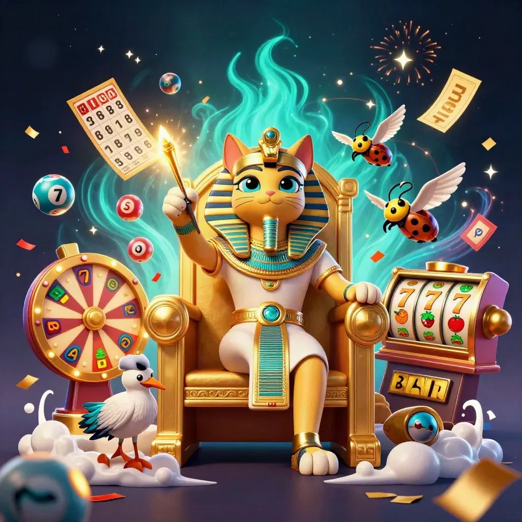Pharaoh cat, ibis scribe, and gem-wing scarabs amid casino magic and treasure bursts