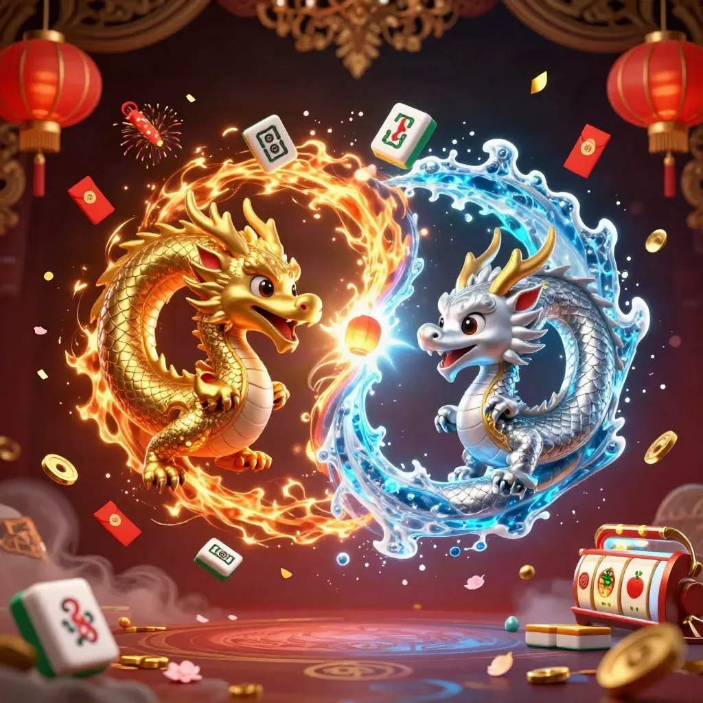 Gold and silver dragons clash in a yin-yang blaze amid lanterns, jade coins, and casino treasure.