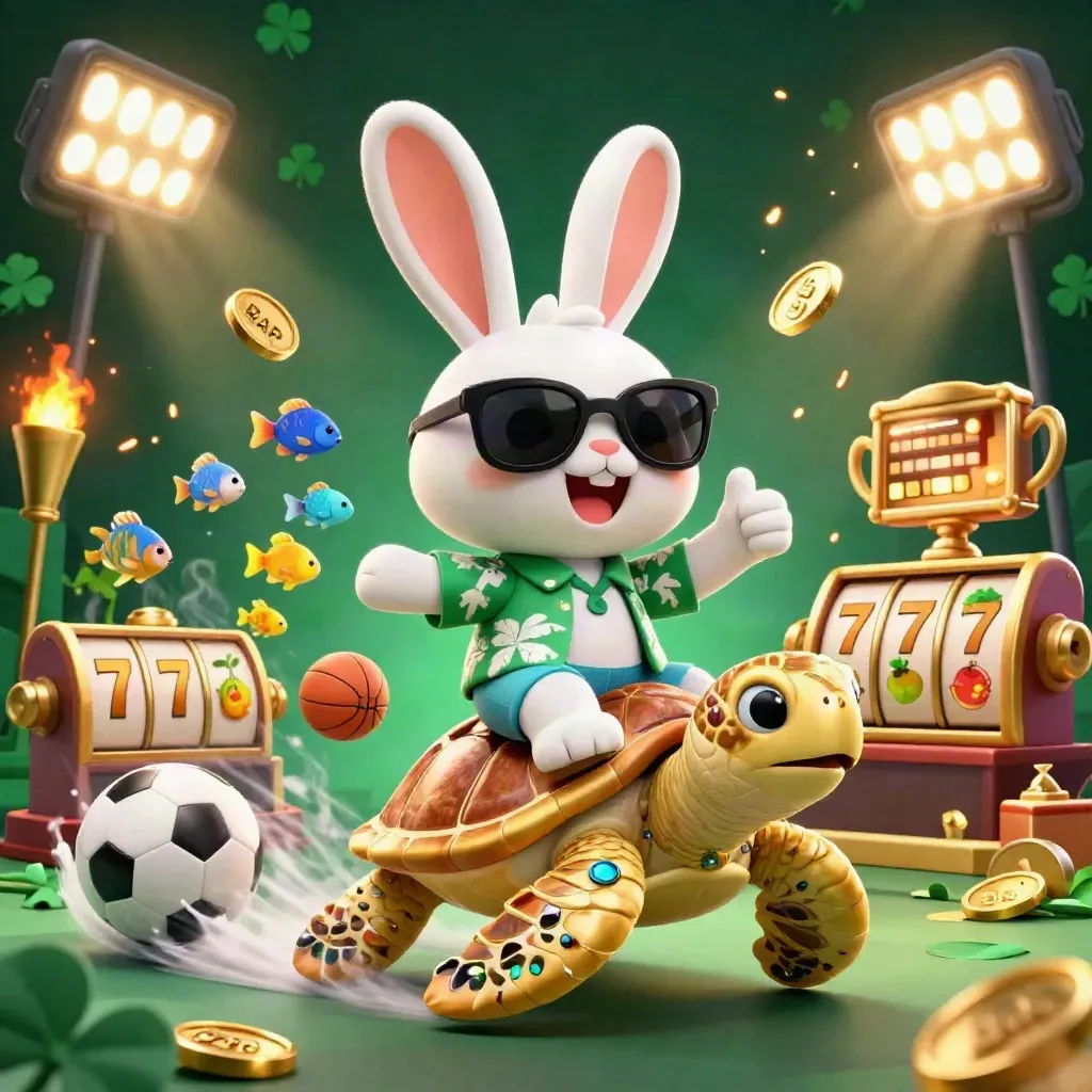 Rabbit on golden sea turtle amid casino sports bursts and glowing nautical lights