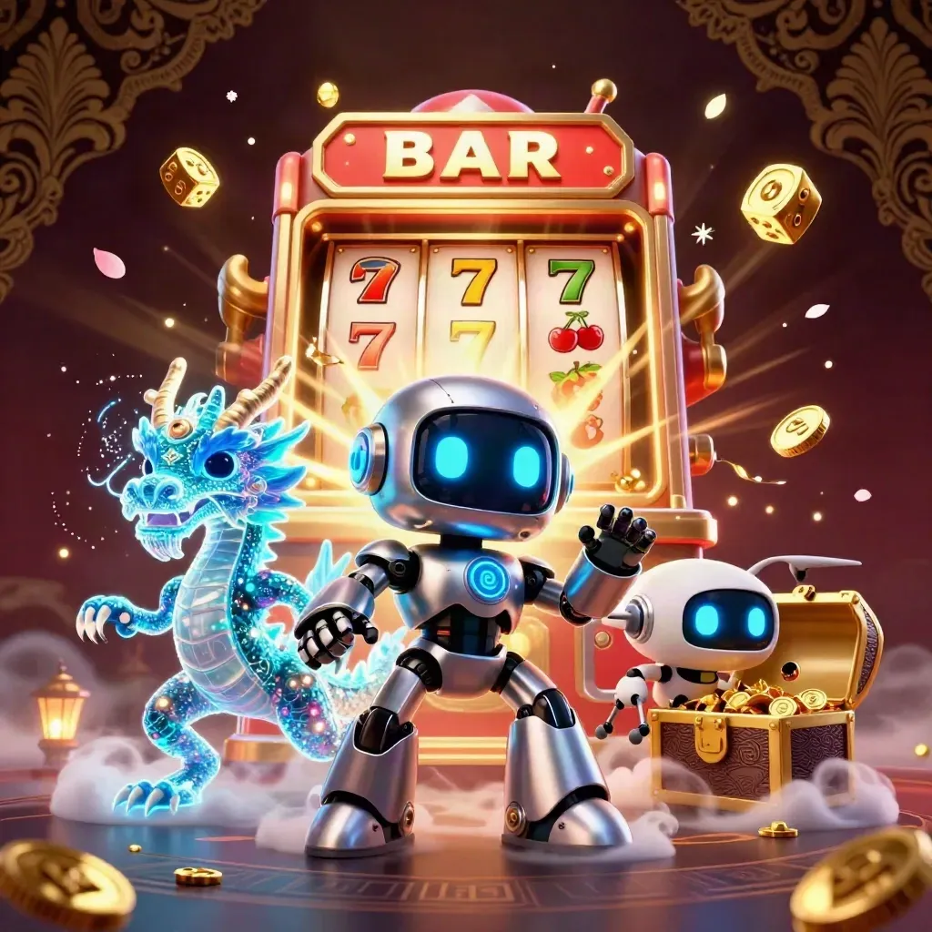 Cyber robot, holographic dragon, drone, exploding slot machine, gold, damask background, casino key art