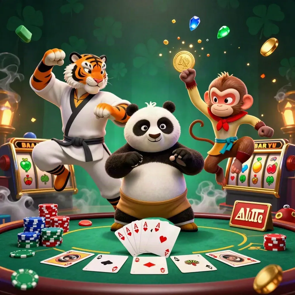 Kung-fu tiger, panda, and monkey amid casino cards, chips, reels, and glowing teal treasure