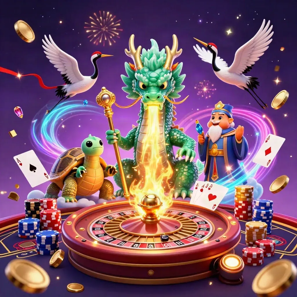 Emerald dragon, turtle sage and ribboned cranes amid casino coins, roulette, cards and fireworks.