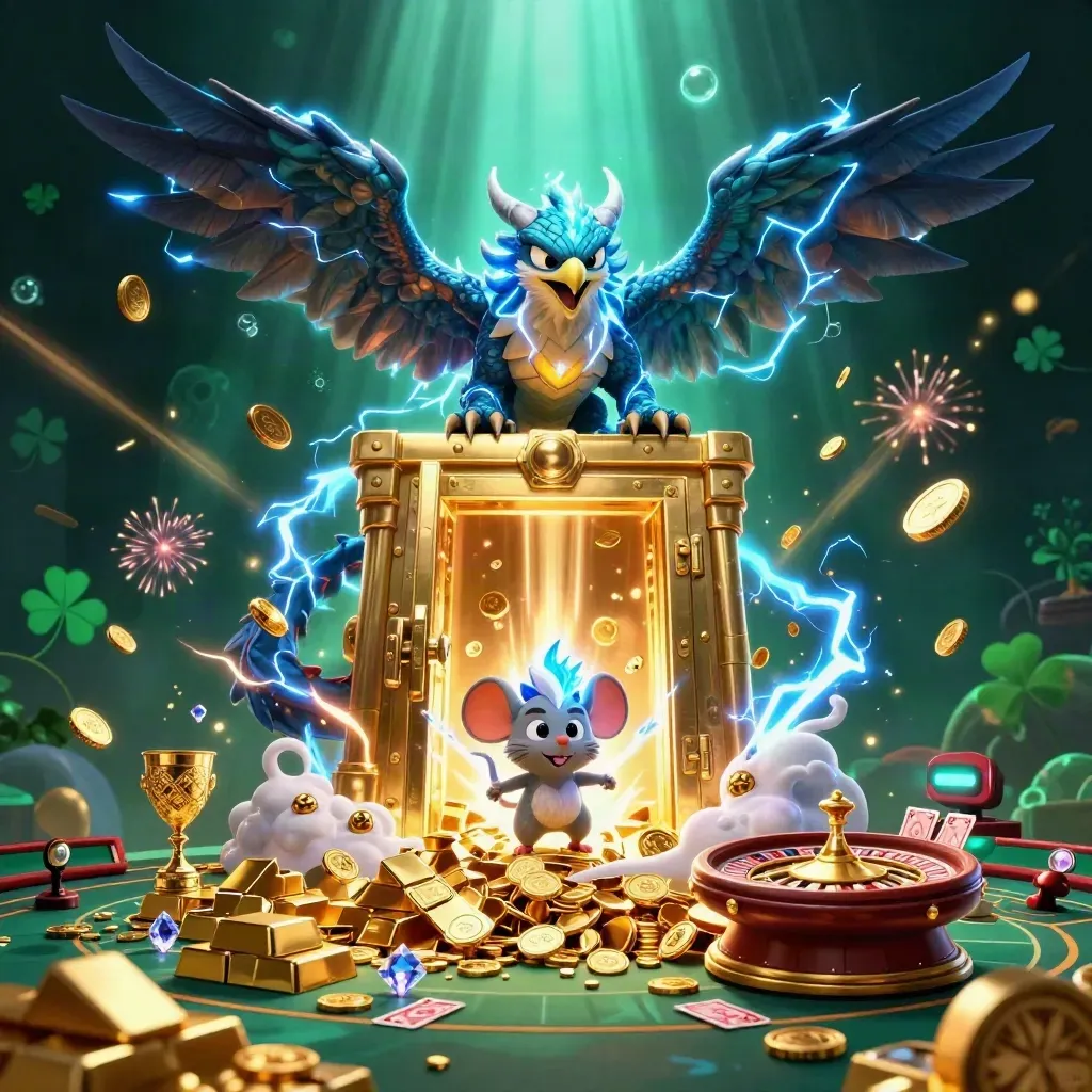 Thunder dragon, hawk and mouse amid bursting vault, gold coins, gems, roulette and cards