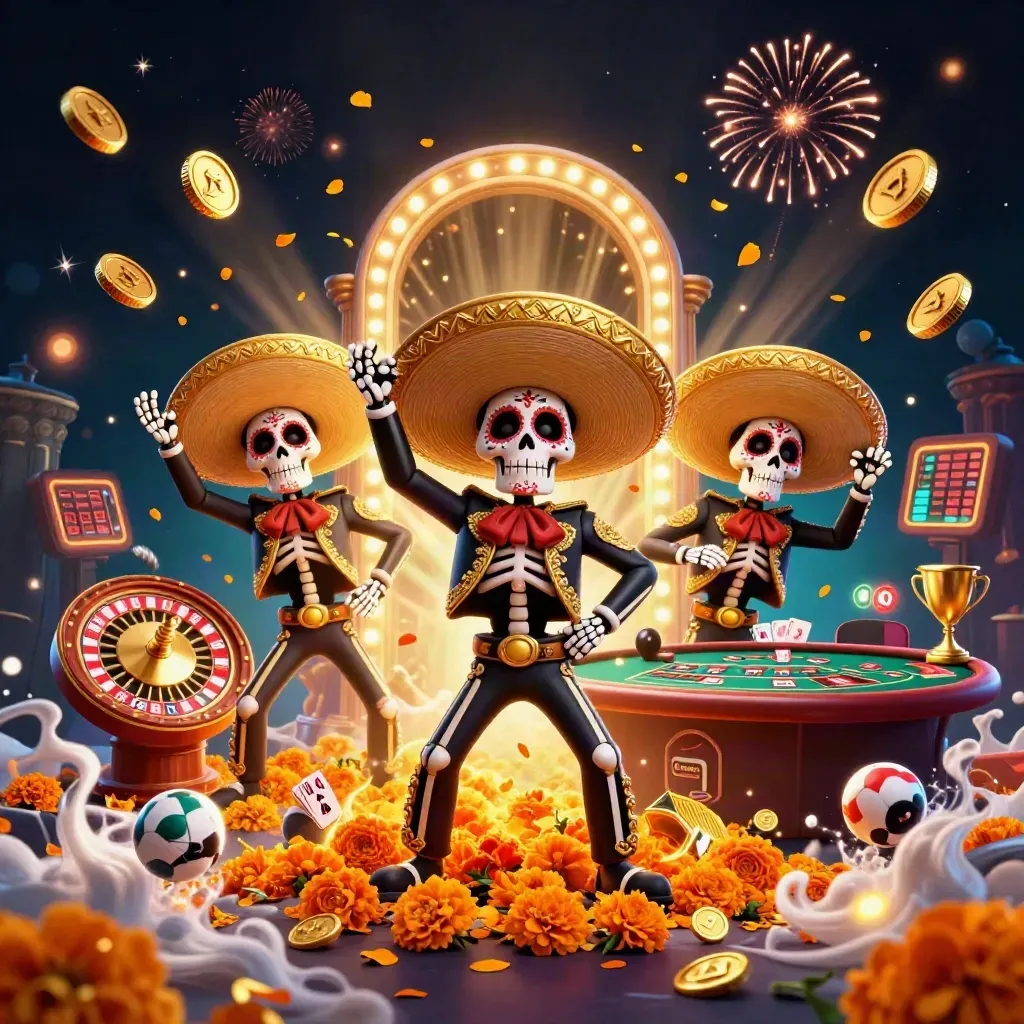 Three skeleton mariachi players celebrate amid coins, roulette, cards, fireworks, and teal-gold glow.