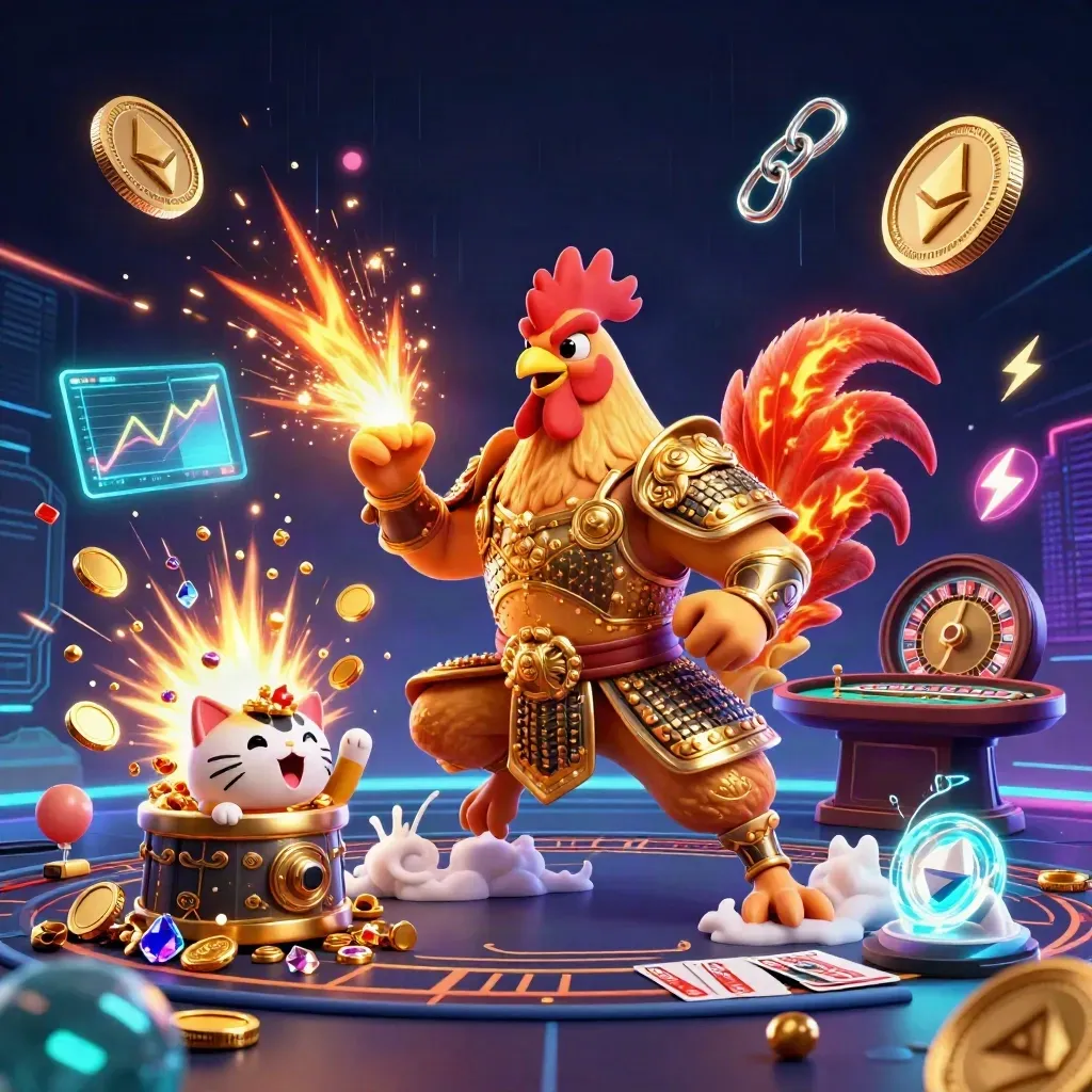 Rooster warrior, dragon hatchling and fortune-cat amid coins, fireworks and neon casino effects.