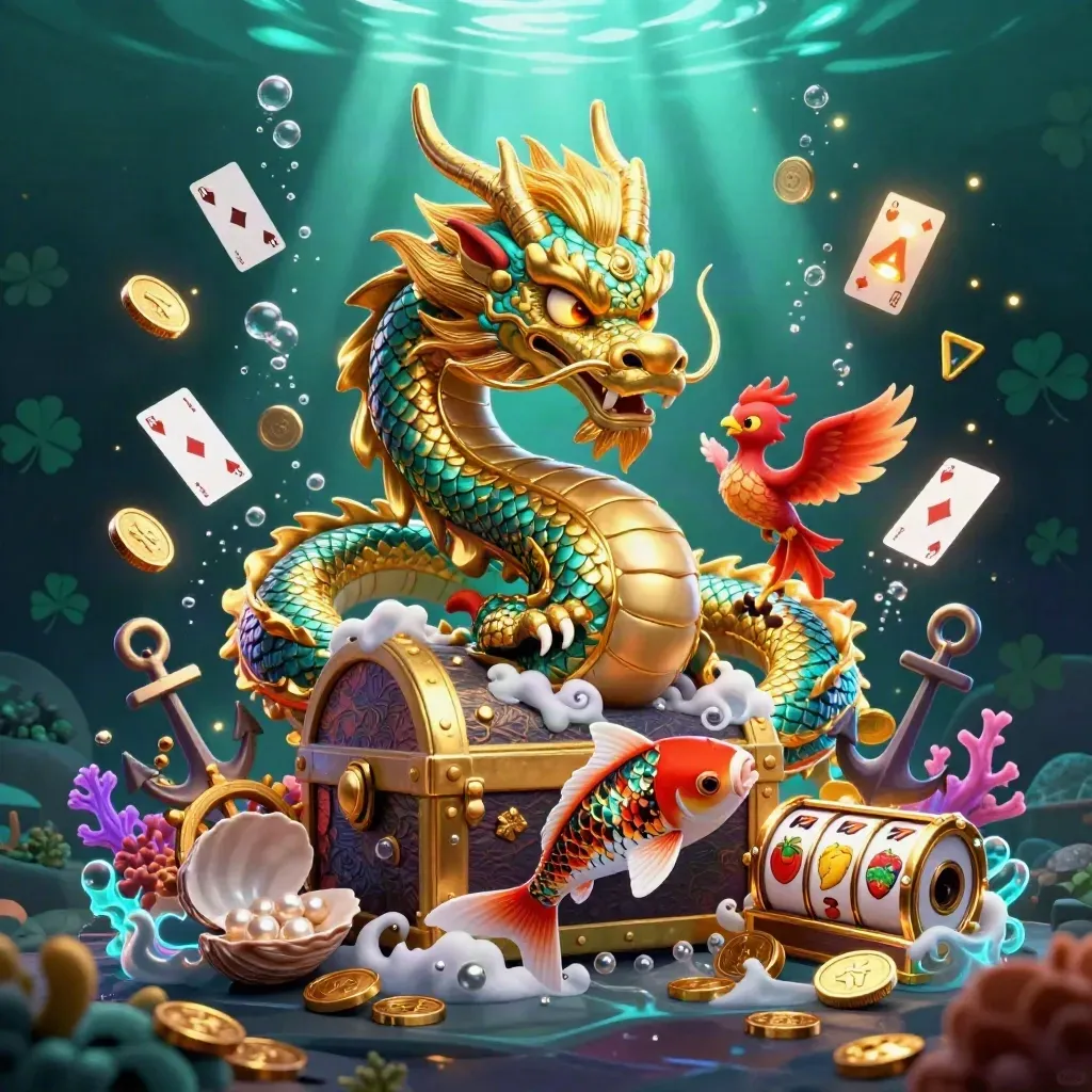 Golden dragon, phoenix and koi bursting from treasure chest in neon underwater casino glow