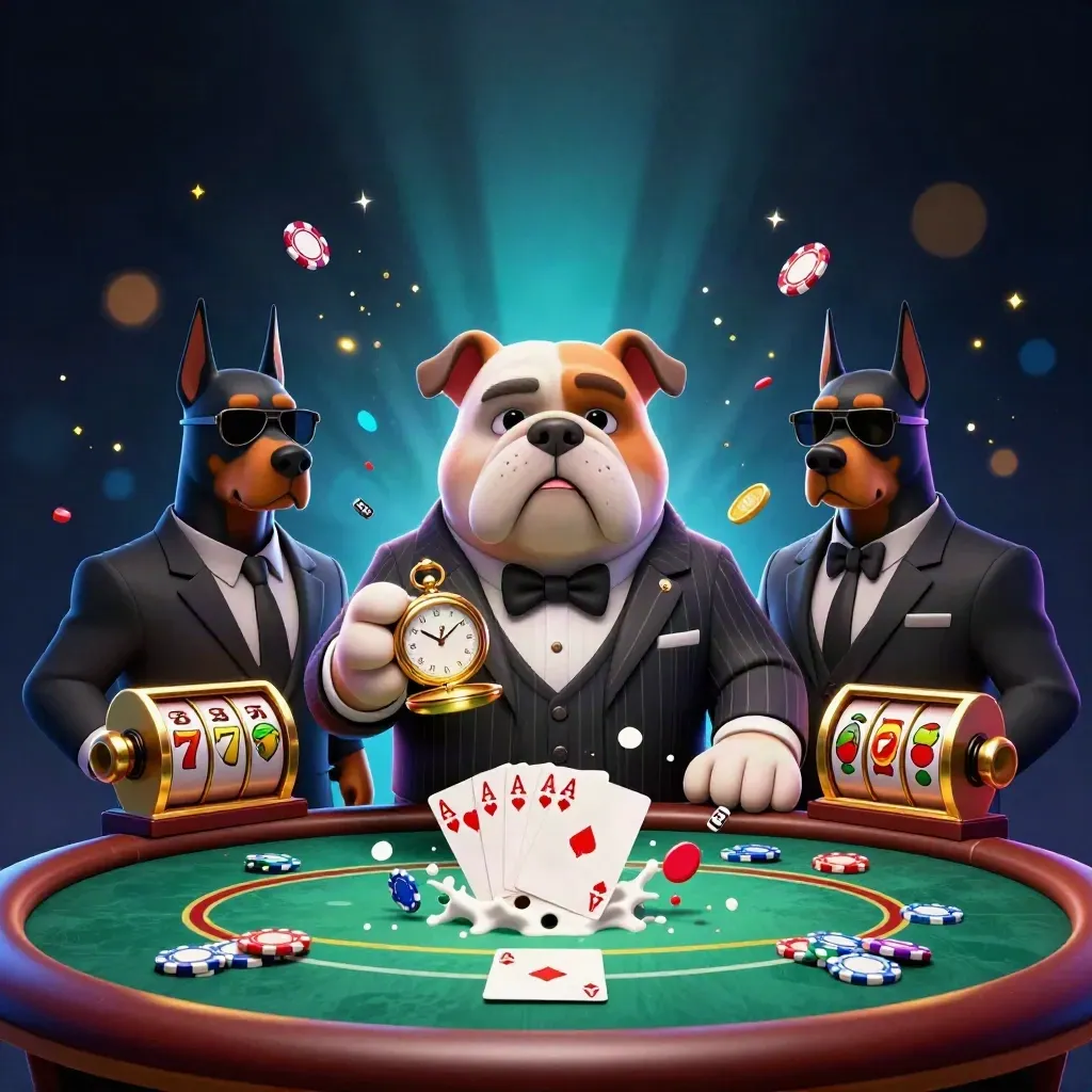 Bulldog mob boss with two Dobermans at a glowing poker table, chips and slot symbols flying