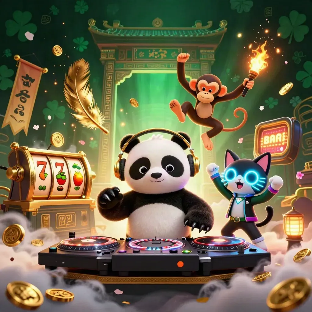 DJ panda, dancing monkey and glow-stick kitten in a neon casino jungle with roulette wheels and gold sparks