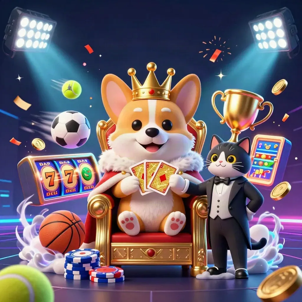 Royal corgi and cat butler amid casino chips, balls, coins, fireworks, and neon sea-teal glow.