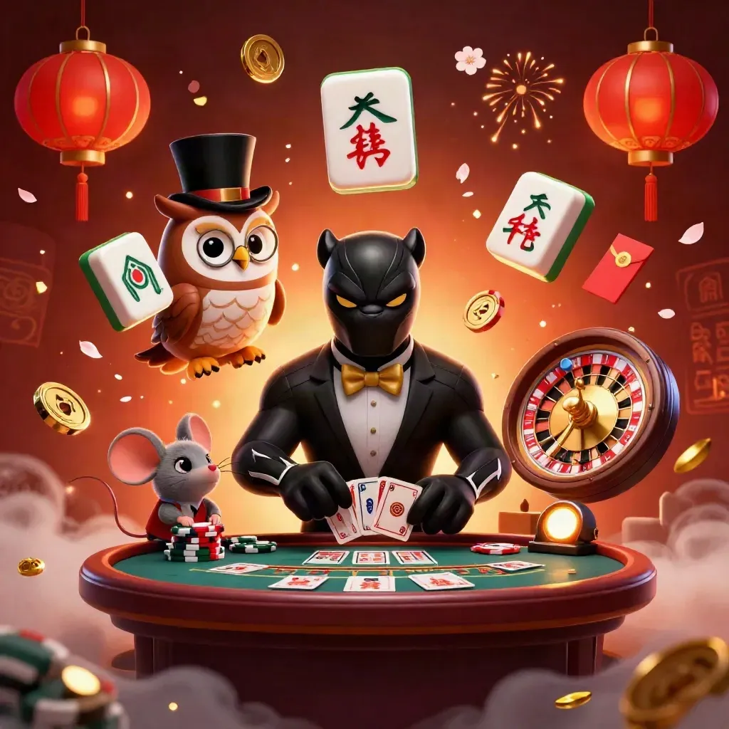 Panther, owl, and mouse gambling amid glowing tiles, lanterns, coins, and fiery casino sparks.